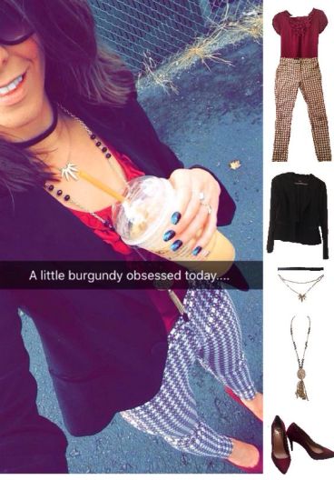 Outfit Idea, Work Look, Trends, Fashion, Style, Pattern Pants, Winter Outfit Idea, Choker, Black and Burgundy, Blazer, Burgundy Heels, Layered Statement Necklaces, Bostonian Styled (by Katey)