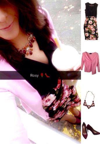 Outfit Idea, Work Look, Trends, Fashion, Style, Winter Outfit Idea, Floral Pencil Skirt, Pink and Burgundy, Burgundy Heels, Statement Necklace, Bostonian Styled (by Katey)