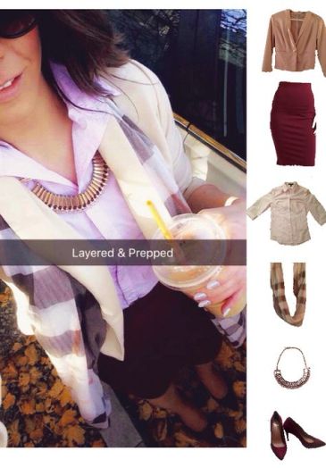Outfit Idea, Work Look, Trends, Fashion, Style, Burgundy Pencil Skirt, Beige Blazer, Collar Shirt, Burgundy Heels, Plaid Scarf, Winter Outfit Idea, Bostonian Styled (by Katey)