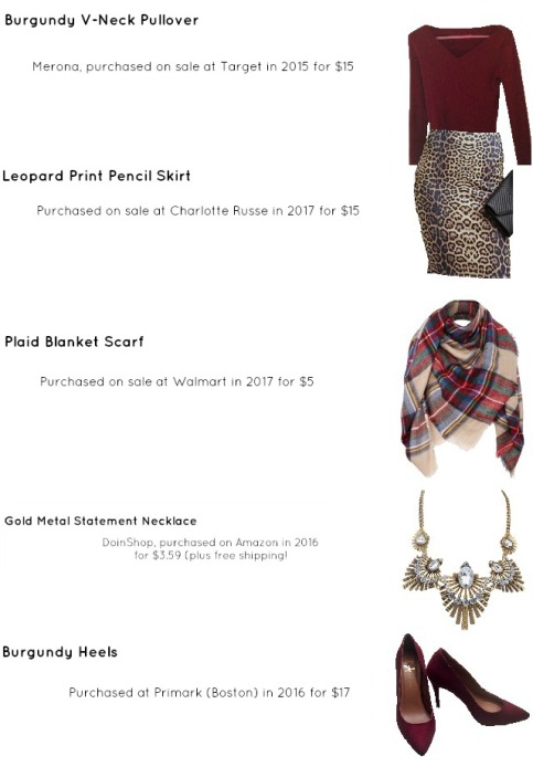 Outfit Idea, Work Look, Trends, Fashion, Style, Winter Outfit Idea, Bostonian Styled (by Katey), Street Style, Chic, Plaid Blanket Scarf, Leopard Print Pencil Skirt, Burgundy V-Neck Sweater, Burgundy Heels, Chunky Gold Metal Statement Necklace